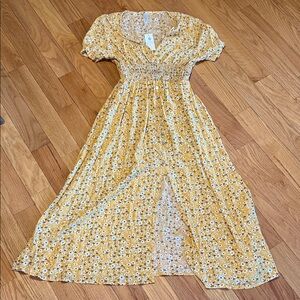 New With Tags - Yellow Floral Maxi Dress with Smocked Waist